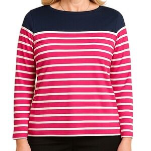Talbots Striped Boatneck Top Womens Medium Navy Pink White Cotton 3/4 Sleeve